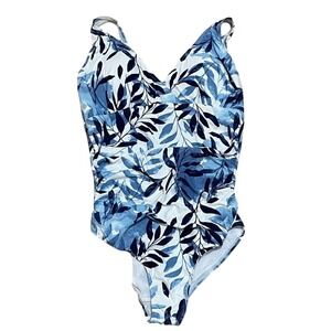 Blue Leaf Print One Piece Swimsuit V Neck Open Back Women's 10‎ Beach Swimwear